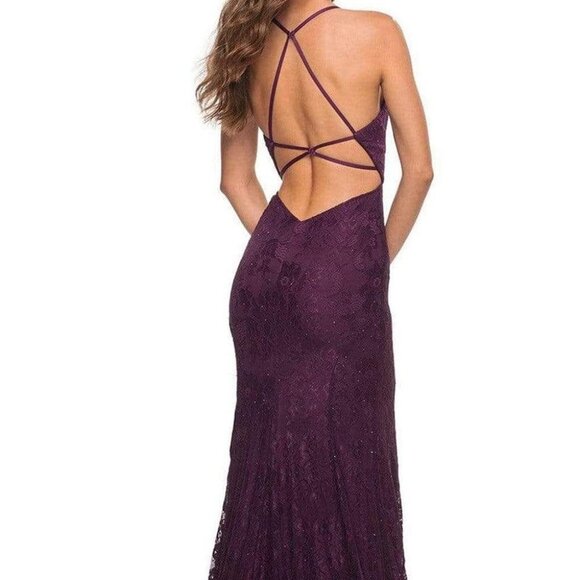 NWT La Femme 30442SC Stretch Lace Prom Dress Dark Berry Size 4 - Picture 2 of 9